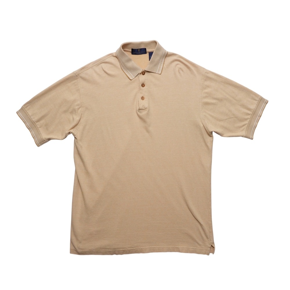 Bill Blass Polo Shirt Mens Medium Tan Herringbone Cotton Textured Short Sleeve